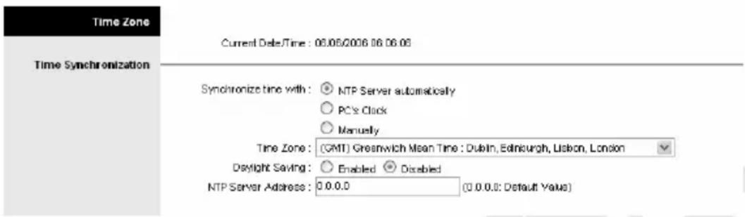Time Zone Current Date/Time : 06.06/2006 06.06.06 Time Synchronization Synchronize time with: ○ NTP Server automatically ○ PC's Clock ○ Manually Time Zone: (GMT) Greenwich Mean Time : Dublin, Edinburgh, Lisbon, London Daylight Saving: ○ Enabled ○ Disabled NTP Server Address: 0.0.0.0 (0.0.0.0: Default Value)