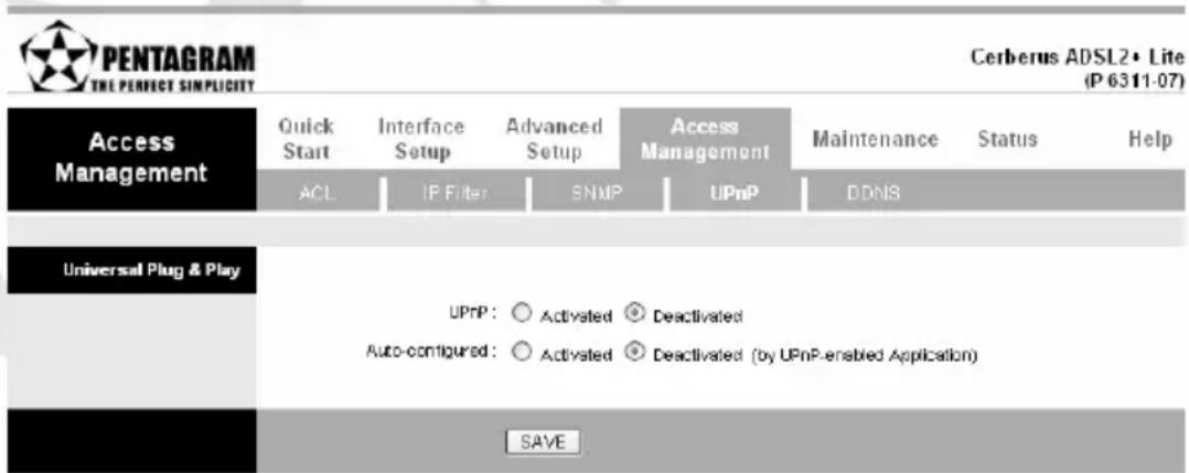 PENTAGRAM THE PERFECT SIMPLICITY Cerberus ADSL2• Lite (P 6311-07) Access Management Quick Start ACL Interface Setup IP Filter Advanced Setup SNMP Access Management UPnP DDNS Universal Plug & Play UPnP: ○ Activated ◎ Deactivated Auto-configured: ○ Activated ◎ Deactivated (by UPnP-enabled Application) SAVE