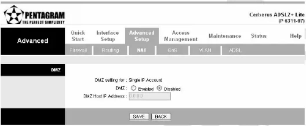 PENTAGRAM THE PERFECT SIMPLICITY Advanced Quick Start Interface Setup Advanced Setup Access Management Maintenance Status Help Firewall Routing NAT GOS VLAN ADSL DMZ DMZ setting for : Single IP Account DMZ: ○ Enabled ● Disabled DMZ Host IP Address: 10000 SAVE BACK Cerberus ADSL2+ Lite (P 6311-07)