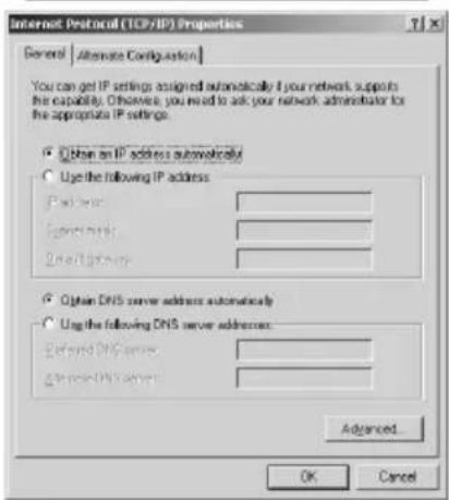 Internet Protocol (TCP/IP) Properties General | Alternate Configuration | You can get IP settings assigned automatically if your network supports the capability. Otherwise, you need to ask your network administrator for the appropriate IP settings. ○ Obtain an IP address automatically ○ Use the following IP address: Positive Negative Neutral ○ Obtain DNS server address automatically ○ Use the following DNS server addresses: Extend DNS server: Remove DNS server: Advanced OK Cancel