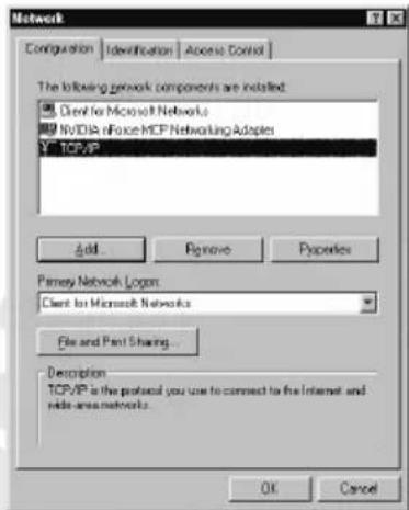 Network Configuration | Identification | Access Control The following network components are installed: Client for Microsoft Networks NVIDIA iNfox MCP Networking Adapters TCP/IP Add... Remove Properties Primary Network Logm Client for Microsoft Networks File and Print Sharing... Description TCP/IP is the proposed you use to connect to the Internet and radio areas networks. OK Cancel