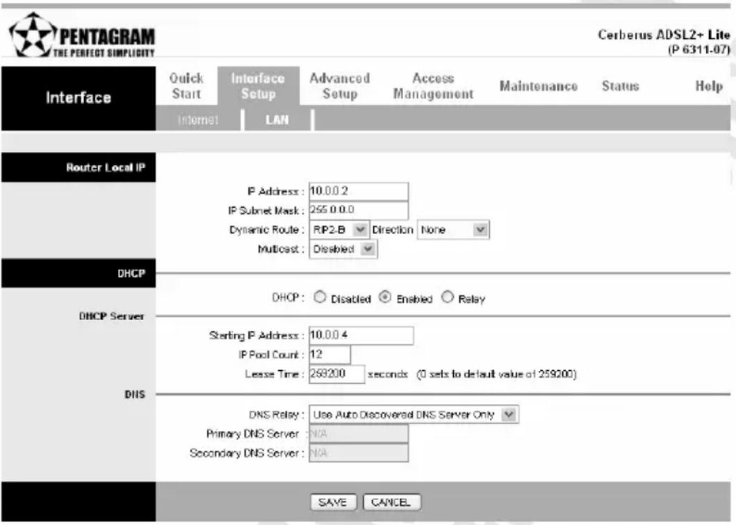 PENTAGRAM THE PERFECT SIMPLICITY Cerberus ADSL2+ Lite (P 6311-07) Interface Quick Start Interface Setup Advanced Setup Access Management Maintenance Status Help Internet LAN Router Local IP IP Address: 10.0.0.2 IP Subnet Mask: 255.0.0.0 Dynamic Route: RIP2-B Direction None Multicast: Disabled DHCP DHCP: Disabled Enabled Relay DHCP Server Starting IP Address: 10.0.0.4 IP Pool Count: 12 Lease Time: 259200 seconds (0 sets to default value of 259200) DNS DNS Relay: Use Auto Discovered DNS Server Only Primary DNS Server: N/A Secondary DNS Server: N/A SAYE CANCEL