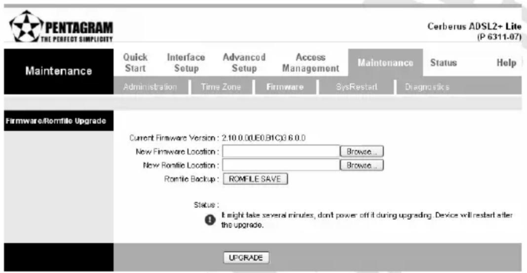 PENTAGRAM THE PERFECT SIMPLICITY Cerberus ADSL2+ Lite (P 6311-07) Maintenance Quick Start Interface Setup Advanced Setup Access Management Maintenance Status Help Administration Time Zone Firmware SysRestart Diagnostics Firmware/Romfile Upgrade Current Firmware Version: 2.10.0.0(UE0.B1C)3.6.0.0 New Firmware Location: Browse... New Romfile Location: Browse... Romfile Backup: ROMFILE SAVE Status: I might take several minutes, don't power off it during upgrading. Device will restart after the upgrade. UPGRADE