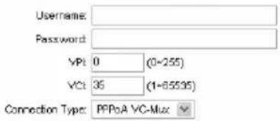 Username: Password: VPt 0 (0-255) VCt 35 (1-65535) Connection Type: PPPoA VC-Mux