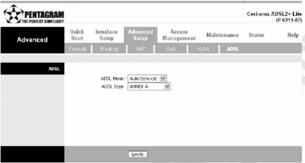 PENTAGRAM THE PERFECT SIMPLICITY Advanced Quick Start Interface Setup Advanced Setup Access Management Maintenance Status Help Firewall Routing NAT CoS VLAN ADSL ADSL ADSL Mode: Auto Sync-Up ADSL Type: ANNEX A SAVE Cerberus ADSL2+ Lite (P 6311-07)