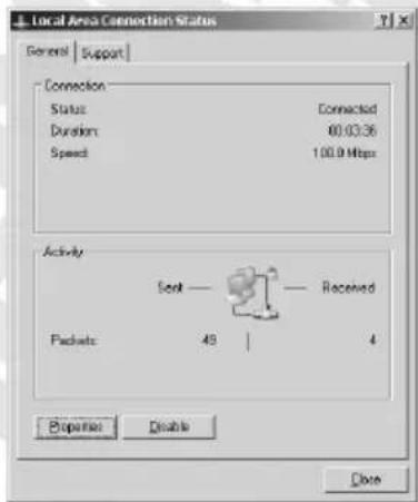 Local Area Connection Status General | Support | Connection Status Connected Duration 00:03:36 Speed 100.9 Mbps Activity Send — Received Packets 48 | 4 Explanation Enable Close