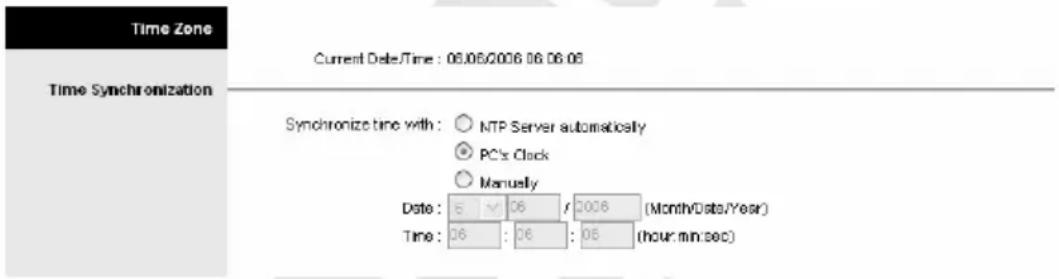 Time Zone Current Date/Time : 06.06/2006 06.06.06 Time Synchronization Synchronize time with: ○ NTP Server automatically ● PC's Clock ○ Manually Date: 5 06 / 2006 (Month/Date/Year) Time: 06 : 06 : 06 (hour min sec)