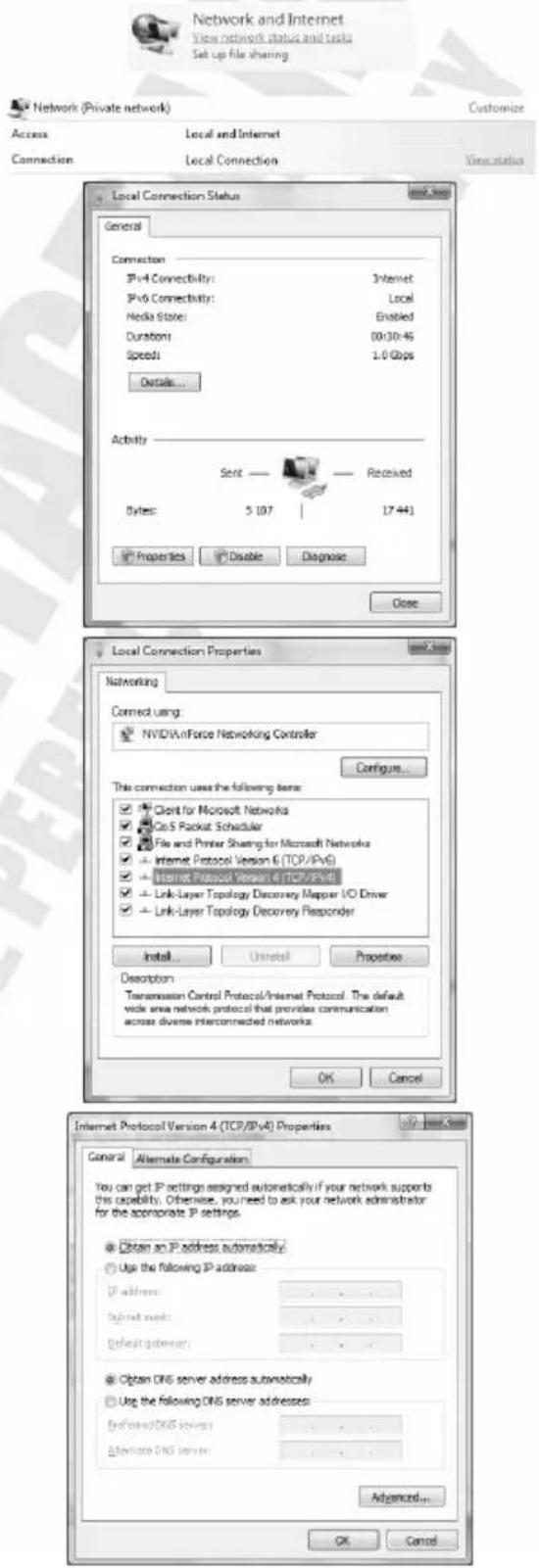 Network and Internet View network status and tests Set up file sharing Network (Private network) Access Local and Internet Connection Local Connection Virus status Local Connection Status General Connection IPv4 Connectivity: Internet IPv6 Connectivity: Local Media States: Enabled Duration: 00:30-45 Speeds: 1.0 Gbps Details... Activity Send —— Received Bytes: 5 107 | 17 441 Properties Disable Diagnose Close Local Connection Properties Networking Connect using: NVIDIA nForce Networking Controller Configure... This connection uses the following items: Client for Microsoft Networks On S Packet Slovakia File and Printer Sharing for Microsoft Networks Internet Protocol Version 6 (TCP/IPv6) Internet Protocol Version 4 (TCP/IPv6) Link-Layer Topology Discovery Mapper I/O Driver Link-Layer Topology Discovery Responder Install... Uninstall Properties Description Transmission Control Protocol/Internet Protocol. The default wide area network protocol that provides communication across diverse interconnected networks. OK Cancel Internet Protocol Version 4 (TCP/IPv6) Properties General Alternate Configuration You can get IP settings assigned automatically if your network supports this capability. Otherwise, you need to ask your network administrator for the appropriate IP settings. Obtain an IP address automatically. Use the following IP address: IP address: Subnet needs: Default gateway: Obtain DNS server address automatically Use the following DNS server addresses: End-of-the-DNS server: End-to-the-DNS server: Advanced... OK Cancel