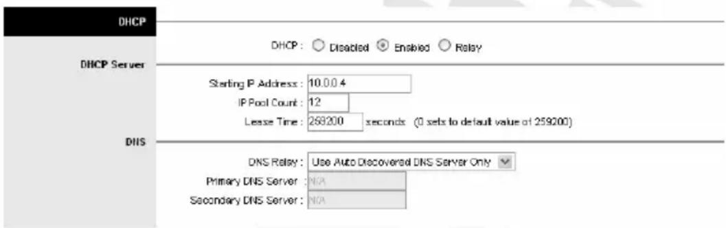 DHCP DHCP Server Starting IP Address: 10.00.4 IP Pool Count: 12 Lease Time: 259200 seconds (0 sets to default value of 259200) DNS DNS Relay: Use Auto Discovered DNS Server Only Primary DNS Server: N/A Secondary DNS Server: N/A