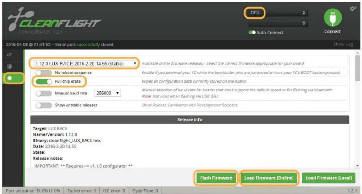 CLEANFLIGHT CONFIGURATOR 1.2.1 DFU Auto-Connect Connect 2016 04-08 @ 21:41:52 -- Serial port successfully closed Show Log CF 1.12.0 LUX RACE 2016-2-20 14:55 (stable) Available online firmware releases - Select the correct firmware appropriate for your board. No reboot sequence Enable if you powered your FC while the bootloader pins are jumpered or have your FC's BOOT button pressed. Full chip erase Wipes all configuration data currently stored on the board. Manual selection of baud rate for boards that don't support the default speed or for flashing via bluetooth. Note: Not used when flashing via USB DRU Manual baud rate 256000 Show unstable releases Show Release Candidates and Development Releases. Release Info Target: LUX RACE Name/Version: 1.12.0 Binary: cleanflight_LUX_RACE.hex Date: 2016-2-20 14:55 State: Release notes: IMPORTANT: ** Requires >= v1.1.0 configurator ** Flash Firmware Load Firmware [Online] Load Firmware [Local] Port utilization: D: 0% U: 0% Packet error: 0 I2C error: 0 Cycle Time: 0 1.2.1