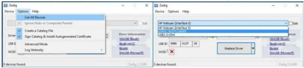 Zadig Device Options Help List All Devices Ignore Hubs or Composite Parents Edit Create a Catalog File Sign Catalog & Install Autogenerated Certificate Advanced Mode Log Verbosity More Information WinUSB (Ibusb) Ibusb-win32 IbusbK WinUSB (Microsoft) Zadig 2.2.689 Zadig Device Options Help HP Webcam (Interface 0) HP Webcam (Interface 0) WINUSB CONTAINER USB2.0-CRW USB ID 5986 0137 00 WCID 2 ✗ Replace Driver winUSB (Ibusb) Ibusb-win32 IbusbK WinUSB (Microsoft) 0 devices found. Zadig 2.2.689 3 devices found.