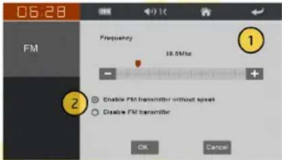 06:28 FM Frequency 38.5MHz Enable FM transmitter without speak Disable FM transmitter OK Cancel