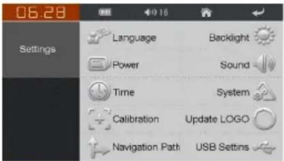 06.28 Settings Language Backlight Power Sound Time System Calibration Update LOGO Navigation Path USB Settings