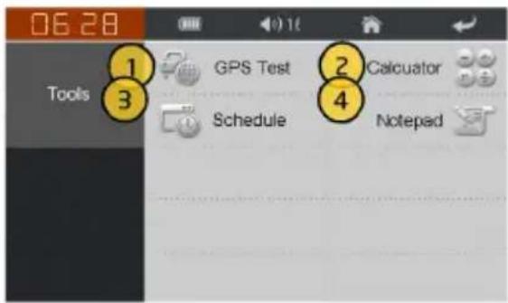 06:28 Tools 1 3 GPS Test 2 Calculator Schedule 4 Notepad