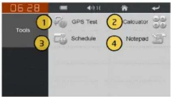 06:28 Tools 1 GPS Test 2 Calculator 3 Schedule 4 Notepad