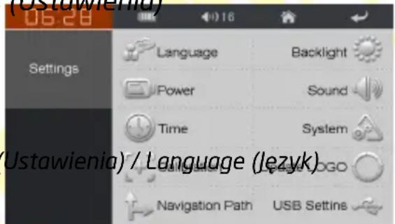 (Ustawienia) Settings Language Backlight Power Sound Time System Language UGOGO Navigation Path USB Settings (Ustawienia) / Language (Jezyk)