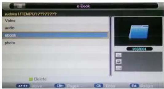 e-Book Audio1/TEMPO7????????? Video audio ebook photo Delete 003/004 AT&T Move CHP Page+... OK Enter Edit Return