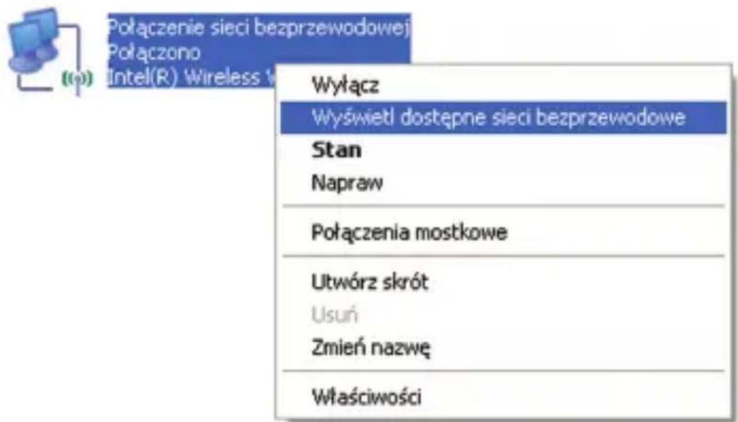 Połączenie sieci bezprzewodowej Połączono Intel(R) Wireless 1 Wyłącz Wyświetl dostępne sieci bezprzewodowe Stan Napraw Połączenia mostkowe Utwórz skrót Usuń Zmień nazwę Właściwości