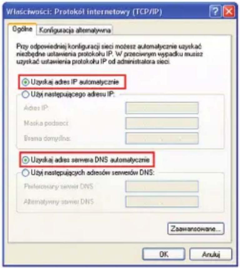 Właściwości: Protokół internetowy (TCP/IP) Ogólne Konfiguracja alternatywna Przy odpowiedniej konfiguracji sieci możesz automatycznie uzyskać niezbędne ustawienia protokolu IP. W przeciwnym wypadku mustz uzyskać ustawienia protokolu IP od administratora sieci. Użytkaj adres IP automatycznie Użyty następującego adresu IP: Adres IP: Maska podseci: Brama domyśline: Użytkaj adres serwera DNS automatycznie Użyty następujących adresów serwierów DNS: Preferiorany serwier DNS: Alternatywny serwier DNS: Zawanaowane... OK Anukj