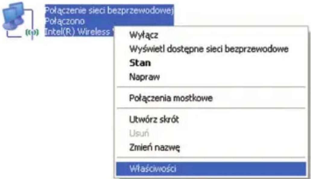 Połączenie sieci bezprzewodowej Połączono Intel(R) Wireless Wyłącz Wyświetl dostępne sieci bezprzewodowe Stan Napraw Połączenia mostkowe Utwórz skrót Usuń Zmień nazwę Właścivności