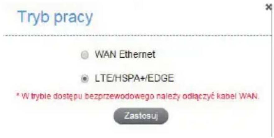 Tryb pracy WAN Ethernet LTE/HSPA+/EDGE * W trybie dostępu bezprzewodowego należy odlączyć kabel WAN. Zastosuj