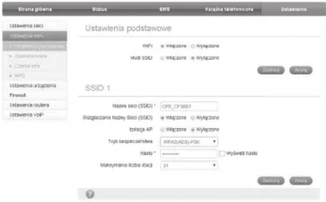 Ustawienia podstawowe Ustawienia (sec) Ustawienia WiFi • Wią upowa podstawie • Zadańczerkowana • Čratiszawa • WPG Ustawienia urzȩzzenia Firewali Ustawienia routera Ustawienia VoIP WiFi • Wączone ○ Wyłączone MiB SSD • Wączone • Wyłączone SSID 1 Nazwa sieci (SSID) * CPB_CP8661 Rozgiorzania Nazwy Sieci (SSID) • Wączone ○ Wyłączone Iolaća AP • Wączone • Wyłączone Tryb bezpiecieństwa: WPAJ(AES)-PSK Hado * —— □ Wydwieś nasło Maksymaina liczba stacji 31 Zachów Agar Zachów Agar
