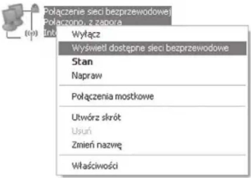 Połączenie sieci bezprzewodowej Połączono, z zapora Info Wyłącz Wyswieti dostępne sieci bezprzewodowe Stan Napraw Połączenia mostkowe Utwórz skrót Usuń Zmień nazwę Właściwości