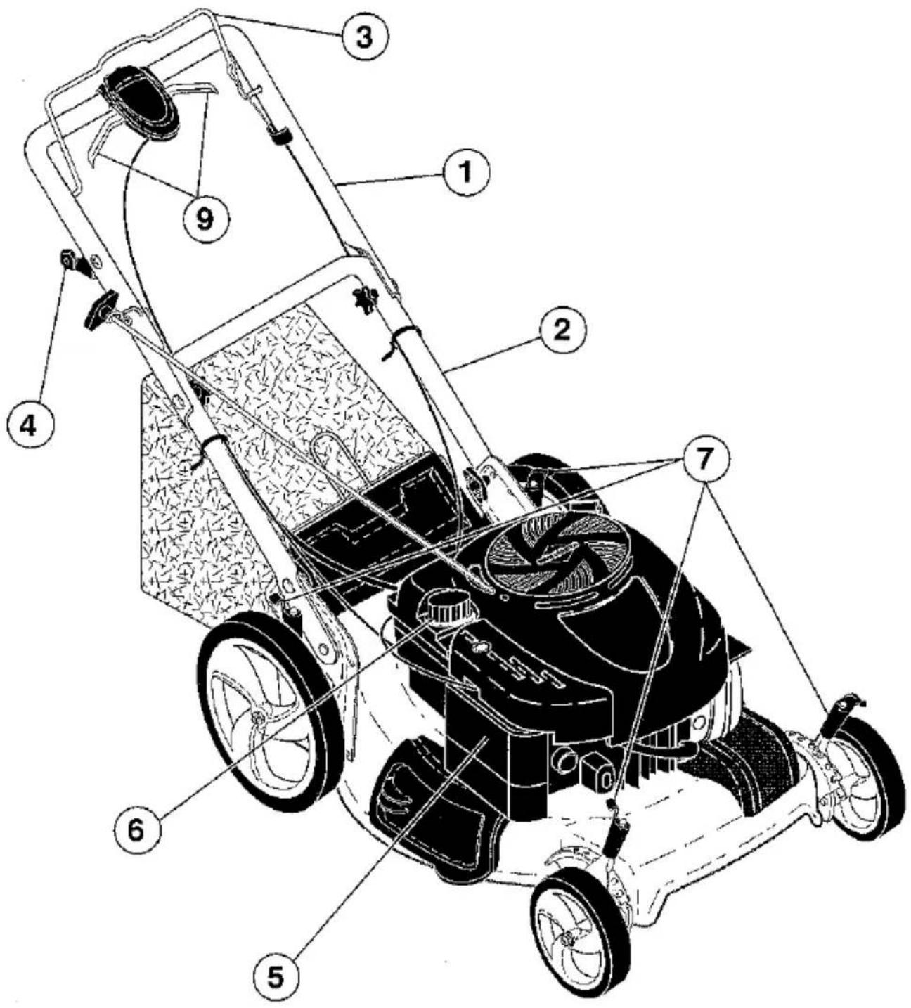 Labeled diagram of a lawn mower with numbered parts for identification