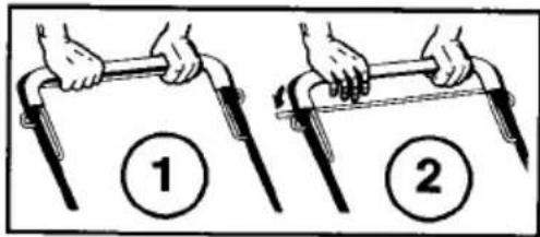 Illustration showing two hand positions on a mobility device, labeled ① and ②, indicating correct and incorrect states.