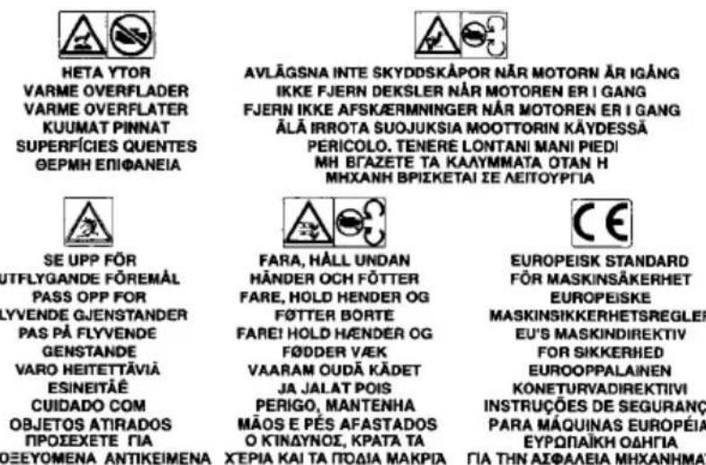 HETA YTOR VARME OVERFLADER VARME OVERFLATER KUUMAT PINNAT SUPERFÍCIES QUENTES OEPMH ENIΦANEIA SE UPP FÖR UTFLYGANDE FÖREMÄL PASS OPP FOR LYVENDE GJENSTANDER PAS PÅ FLYVENDE GENSTANDE VARO HEITETTÄVIÄ ESINEITÄE CUIDADO COM OBJETOS ATIRADOS ΠΡΟΣΕΧΕΤΕ ΓΙΑ DEEYOMENA ANTIKEIMENA AVLÄGSNA INTE SKYDDSKÄPOR NÄR MOTORN ÄR IGÄNG IKKE FJERN DEKSLER NÄR MOTOREN ER I GANG FJERN IKKE AFSKÄERMNINGER NÄR MOTOREN ER I GANG ÄLÄ IRROTA SUOJUKSIA MOOTTORIN KÄYDESSÄ PERICOLO. TENERE LONTANI MANI PIEDI MH BRAZETE TA KALYMMATA OTAN H MHXANH BPIEKETAI ΣE LEITOYPΓΙΑ FARA, HÄLL UNDAN HÄNDER OCH FÖTTER FARE, HOLD HENDER OG FÖTTER BORTE FAREI HOLD HÄNDER OG FÖDDER VÄEK VAARAM OUDÄ KÄDET JA JALAT POIS PERIGO, MANTENHA MÄOS E PÉS AFASTADOS O KINΔYNOΣ, KPATA TA XEPIA KAI TA ΠΟΔΙΑ ΜΑΚΡΙΑ EUROPEISK STANDARD FÖR MASKINSÄKERHET EUROPEISKE MASKINSIKKERHETSREGLEF EU'S MASKINDIREKTIV FOR SIKKERHED EUROOPPALAINEN KONETURVADIREKTIVI INSTRUÇÕES DE SEGURANÇ PARA MÁQUINAS EUROPEÍA EYPOΠΑΪΚΗ ΟΔΗΓΙΑ ΓΙΑ THN ΑΙΦΑΛΕΙΑ MHXANΗΜΑΥ