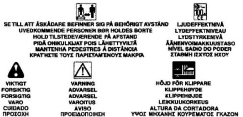 SE TILL ATT ÀSKÄDARE BEFINNER SIG PÅ BEHÖRIGT AVSTÄND UVEDKOMMENDE PERSONER B∅R HOLDES BORTE HOLD TILSTEDEVÄERENDE PÅ AFSTAND PIDÄ OHIKULKJAT POIS LÄHETTYVILTÄ MANTENHA PEDESTRES Å DISTÂNCIA KPATHIETE TOYZ ΠΑΡΙΣΤΑΜΕΝΟΥΣ ΜΑΚΡΙΑ LJUDEFFEKTNIVÄ LYDEFFEKTNIVEAU LYDSTYRKENIVÄ ÄÄNENVOIMAKKUUSTASO NÍVEL SADIO DO PODER ΣΤΑΘΜΗ ΙΣΧΥΟΣ ΗΧΟΥ VIKTIGT FORSIKTIG FORSIGTIG VARO CUIDADO ΠΡΟΙΧΗ VARNING ADVARSEL ADVARSEL VAROITUS AVISO ΠΡΟΕΙΔΟΠΟΙΗΕΗ HÕJD FŐR KLIPPARE KLIPPEHÓYDE KLIPPEHÓJDE LEIKKUUKORKEUS ALTURA DA CORTADORA ΥΨΟΣ ΜΗΧΑΝΗΣ ΚΟΥΡΕΜΑΤΟΣ ΓΚΑΖΟΝ