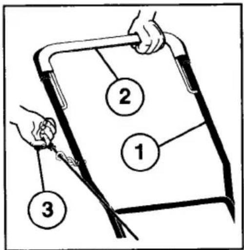 Diagram showing three labeled parts (1, 2, 3) on a table with hand and tool, likely illustrating a folding or positioning task.