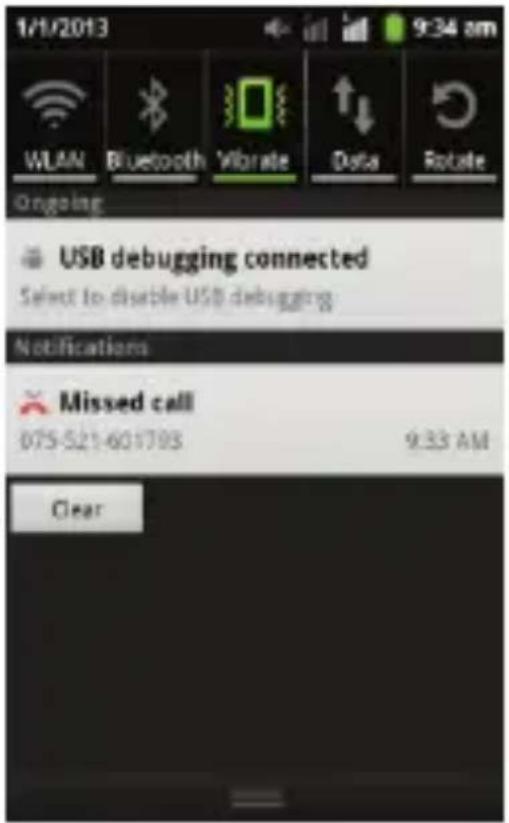 1/1/2013 WLAN Bluetooth Vibrate Data Rotate Ongoing USB debugging connected Select to disable USB debugging Notifications Missed call 075-521-601793 9:33 AM Clear
