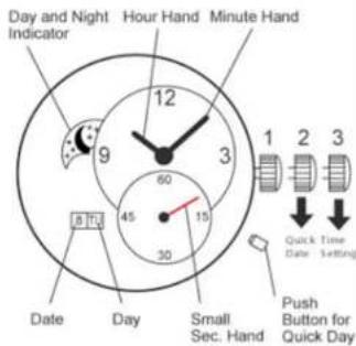 Day and Night Indicator Hour Hand Minute Hand 12 9 3 60 45 15 30 8 Tc Date Day Small Sec. Hand Push Button for Quick Day 1 2 3 Quick Date Time Setting