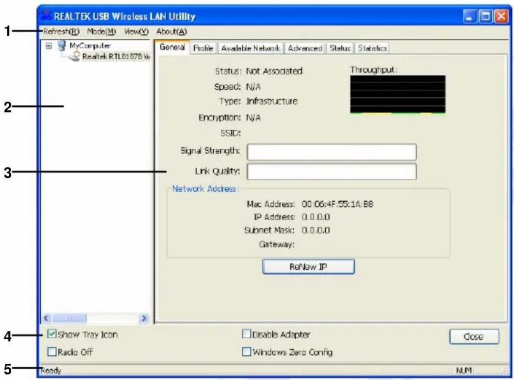 REALTEK USB Wireless LAN Utility Refresh(R) Mode(M) View(V) About(A) MyComputer Realtek RTL8167B W General Profile Available Network Advanced Status Statistics Status: Not Associated Throughput: Speed: N/A Type: Infrastructure Encryption: N/A SSID: Signal Strength: Link Quality: Network Address: Mac Address: 00.06:4F.55:1A.B8 IP Address: 0.0.0.0 Subnet Mask: 0.0.0.0 Gateway: ReNow IP Show Tray Icon Radio Off Disable Adapter Windows Zero Config Ready NUM