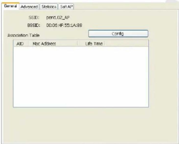 General Advanced Statistics SoftAP SSID: pentLO2_AP BSSID: 00:06:4F:55:1A:B8 Association Table Config AID Mac Address Life Time