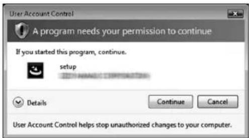User Account Control A program needs your permission to continue If you started this program, continue. setup Details Continue Cancel User Account Control helps stop unauthorized changes to your computer.