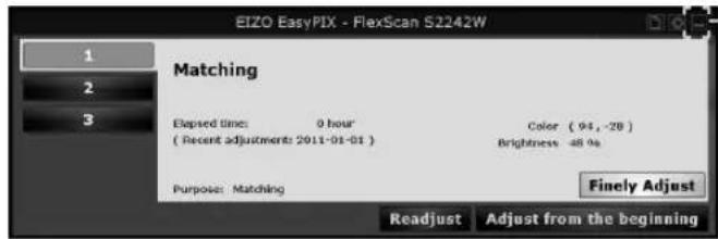 EIZO EasyPIX - FlexScan S2242W 1 2 3 Matching Elapsed time: 0 hour ( Recent adjustments: 2011-01-01 ) Color ( 94, -28 ) Brightness 48 % Purpose: Matching Finely Adjust Readjust Adjust from the beginning