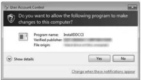 User Account Control Do you want to allow the following program to make changes to this computer? Program name: InstallDDCCI Verified publisher: File origin: