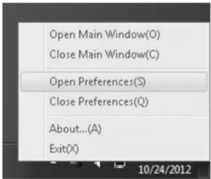 Open Main Window(O) Close Main Window(C) Open Preferences(S) Close Preferences(Q) About...(A) Exit(X)