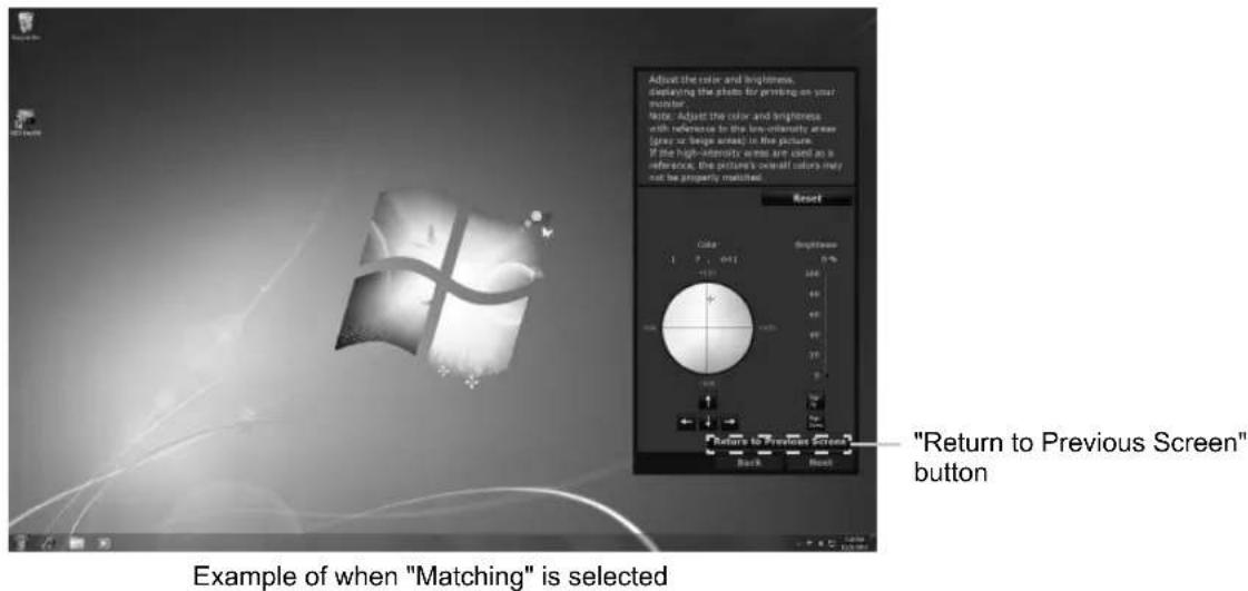 Adjust the color and brightness, delivering the audio for printing on your monitor. Note: Adjust the color and brightness with reference to the intensity areas (gray/or large areas) in the picture. If the high-intensity areas are used as a reference, the picture's overall colors may not be properly matched. Reset Color Brightness 1 2 3 4 5 6 7 8 9 10 11 12 13 14 15 16 17 18 19 20 21 22 23 24 25 26 27 28 29 30 31 32 33 34 35 36 37 38 39 40 41 42 43 44 45 46 47 48 49 50 51 52 53 54 55 56 57 58 59 60 Return to Previous Screen Back Back "Return to Previous Screen" button Example of when "Matching" is selected