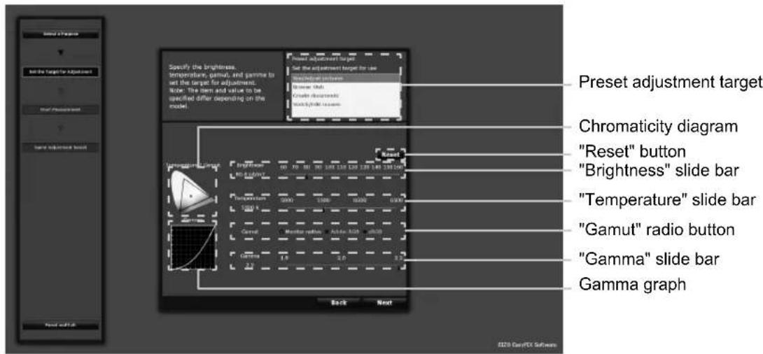 Preset adjustment target Chromaticity diagram "Reset" button "Brightness" slide bar "Temperature" slide bar "Gamut" radio button "Gamma" slide bar Gamma graph
