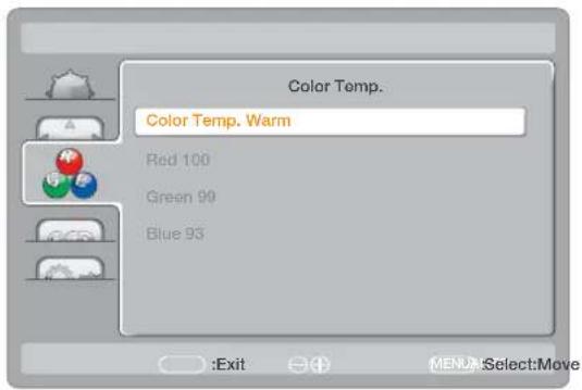 Color Temp. Color Temp. Warm Red 100 Green 99 Blue 93 :Exit MENU:Select:Move