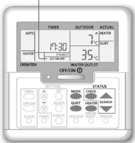 TIME OUTDOOR ACTUAL AUTO 17:30 HEATER HEATER REMOTE 35°C EXT SW OFF OPERATION WATER OUTLET OFF/ON Ⓤ SETTING STATUS TIMER SET MODE CHECK OFF/ON SELECT QUIET HEATER SEARCH CLOCK FORCE CANCEL HOLIDAY ERROR RESET SERVICE