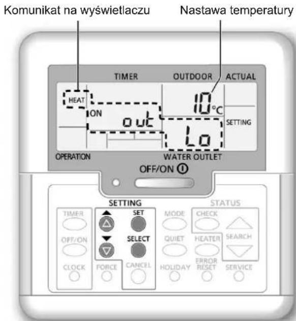 Komunikat na wyswietlaczu Nastawa temperatury TIME OUTDOOR ACTUAL HEAT ON 10°C OUT LO SETTING OPERATION WATER OUTLET OFF/ON ① SETTING STATUS TIMER SET MODE CHECK OFF/ON SELECT QUIET HEATER SEARCH CLOCK FORCE CANCEL HOLIDAY ERROR RESET SERVICE