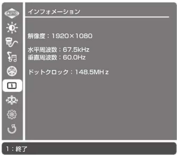 インフォメーション 解像度:1920×1080 水平周波数:67.5kHz 垂直周波数:60.0Hz ドットクロック:148.5MHz 1:終了
