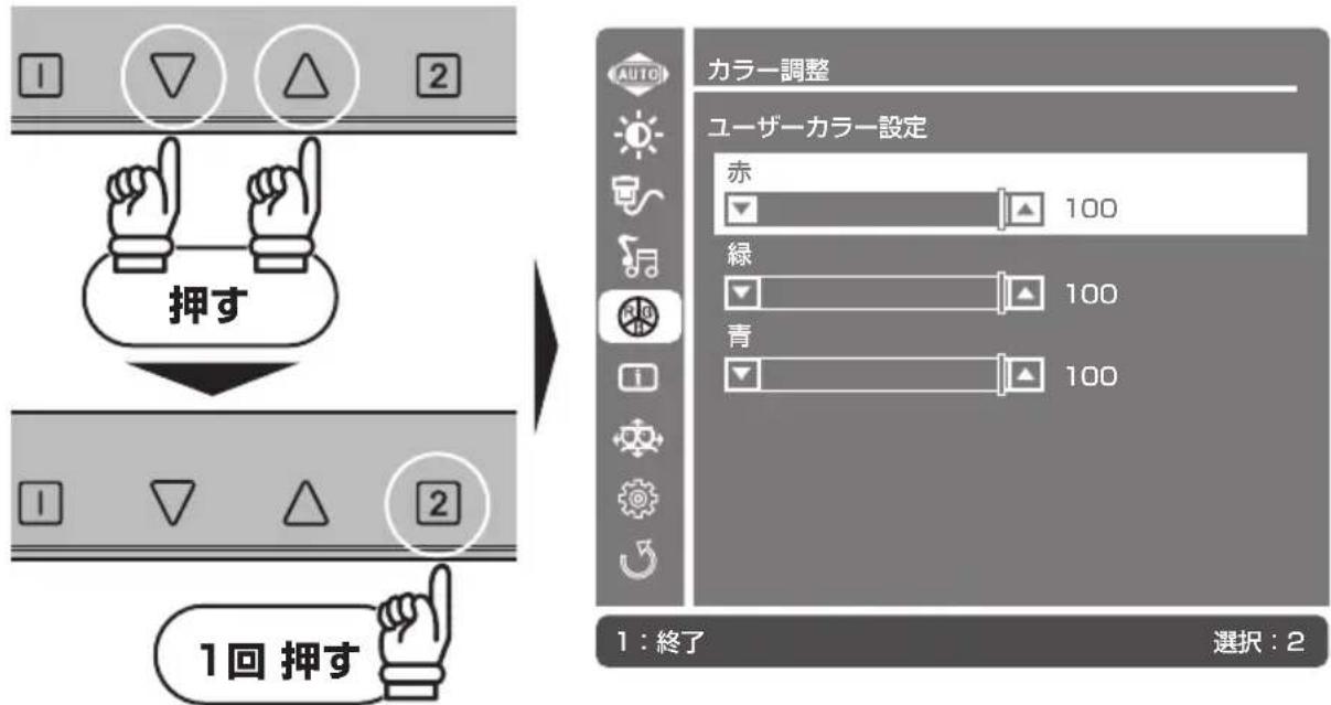 1回 押す 2 1 2 カラー調整 ユーザーカラー設定 赤 100 緑 100 青 100 1:終了 選択: 2