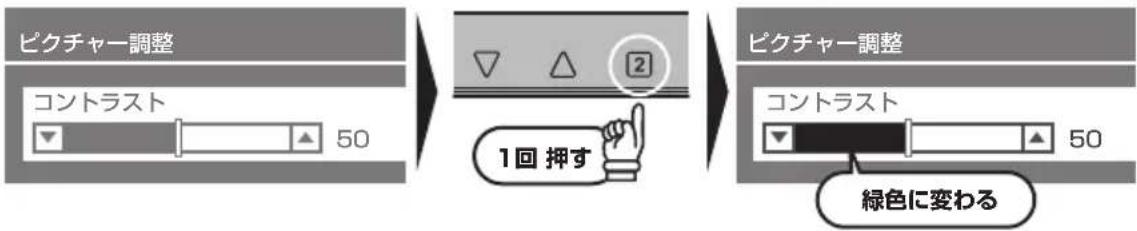 ピクチャー調整 コントラスト 50 1回 押す ピクチャー調整 コントラスト 50 緑色に変わる