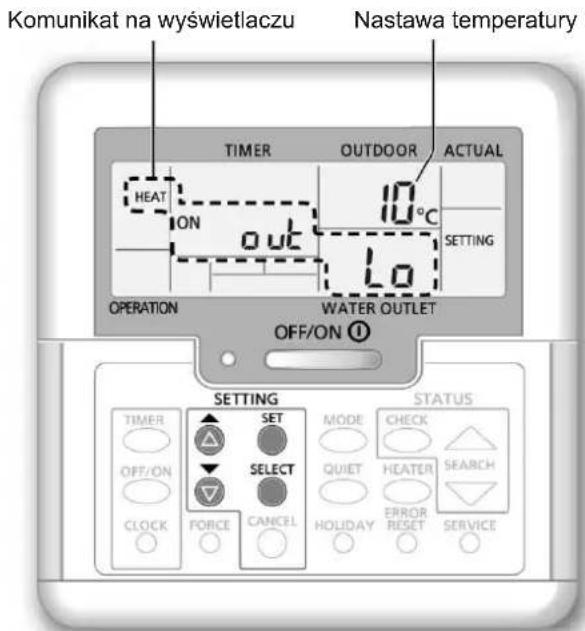 Komunikat na wyświetlaczu Nastawa temperatury TIME OUTDOOR ACTUAL HEAT ON 10°C SETTING OUT LO OPERATION WATER OUTLET OFF/ON ① SETTING STATUS TIMER SET MODE CHECK OFF/ON SELECT QUIET HEATER CLOCK FORCE CANCEL HOLIDAY ERROR RESET SERVICE