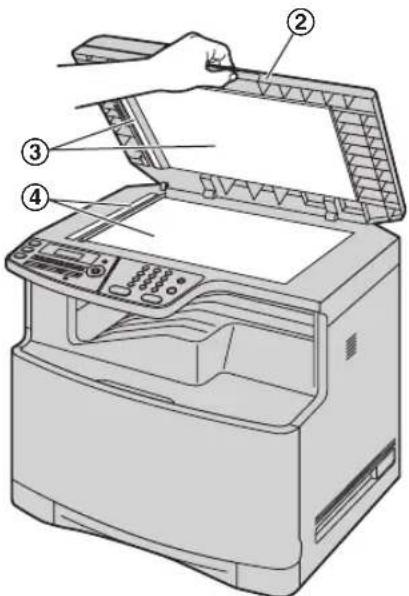 PANASONIC KX-MC6020PD - Przytrzymując pokrywę dokumentów (②), wyczyść białą płytę dociskową (③) i szybę skanera (④). - 1